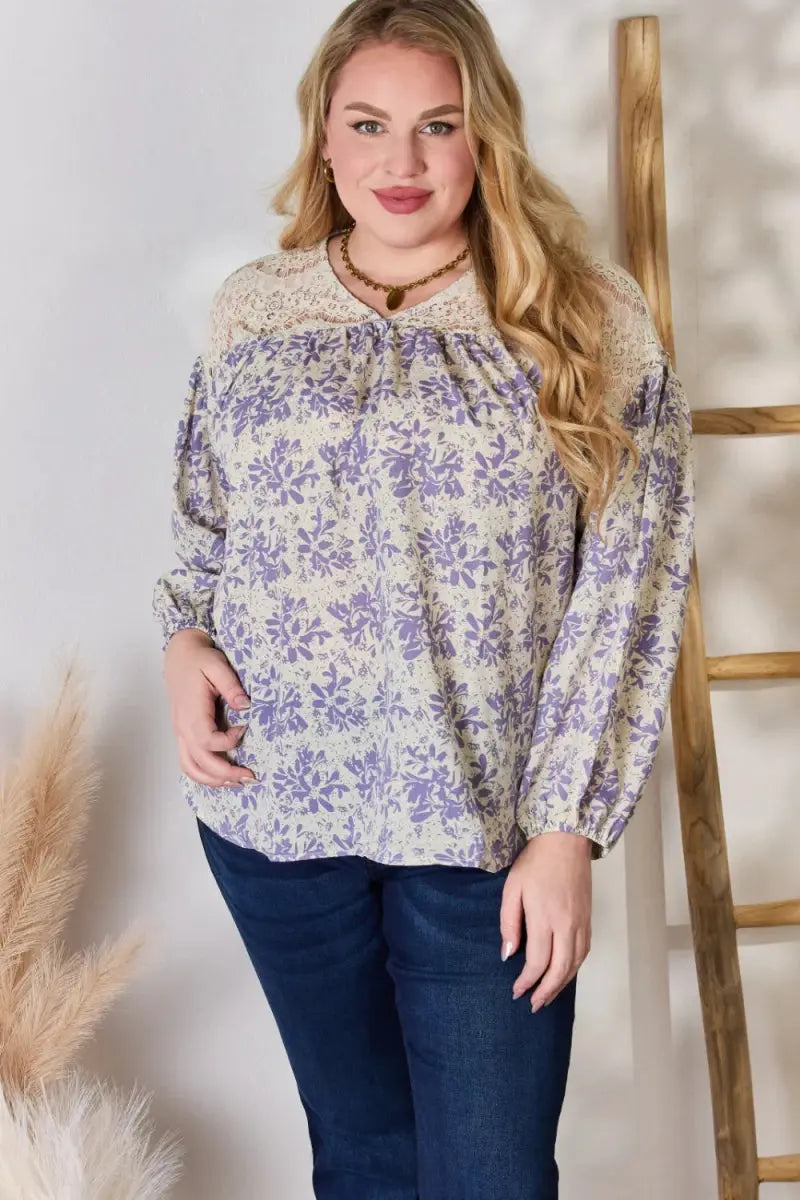Hailey & Co Full Size Lace Detail Printed Blouse for Women - Love Salve